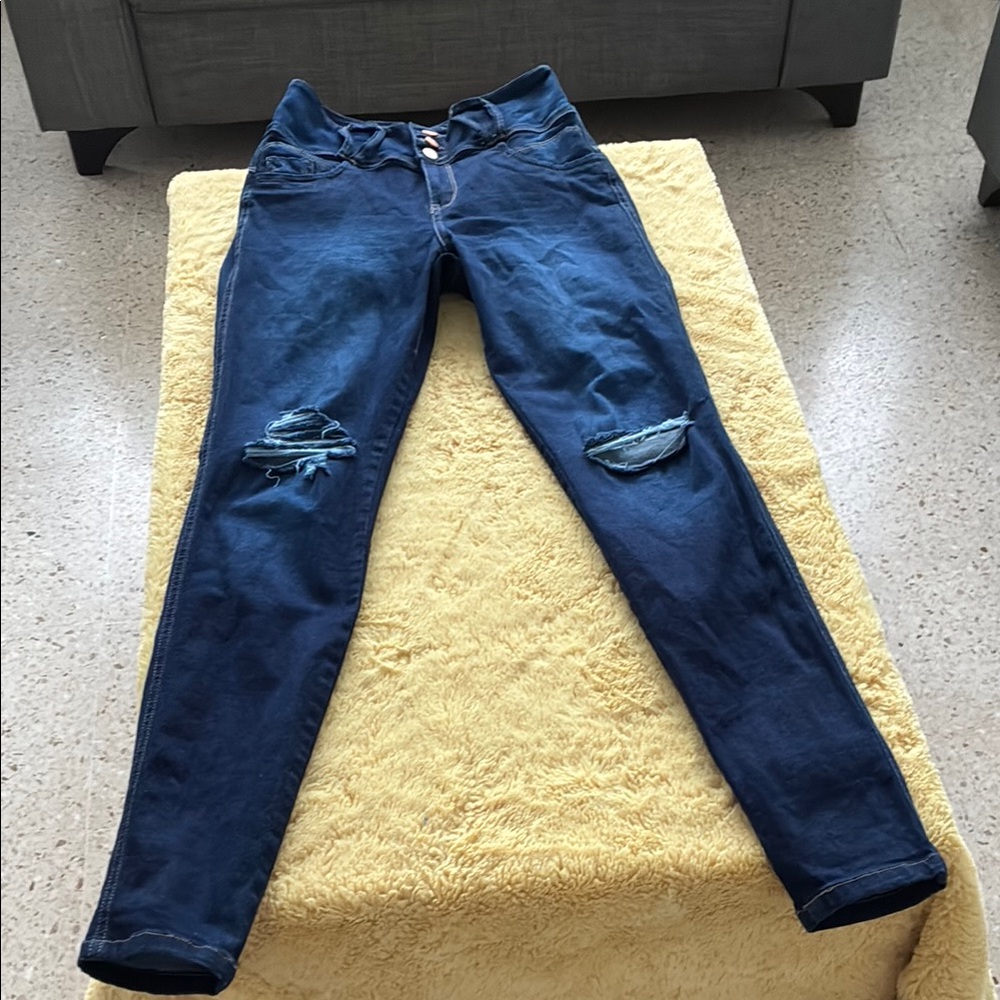 Classic Blue Skinny Jeans with Distressed Details